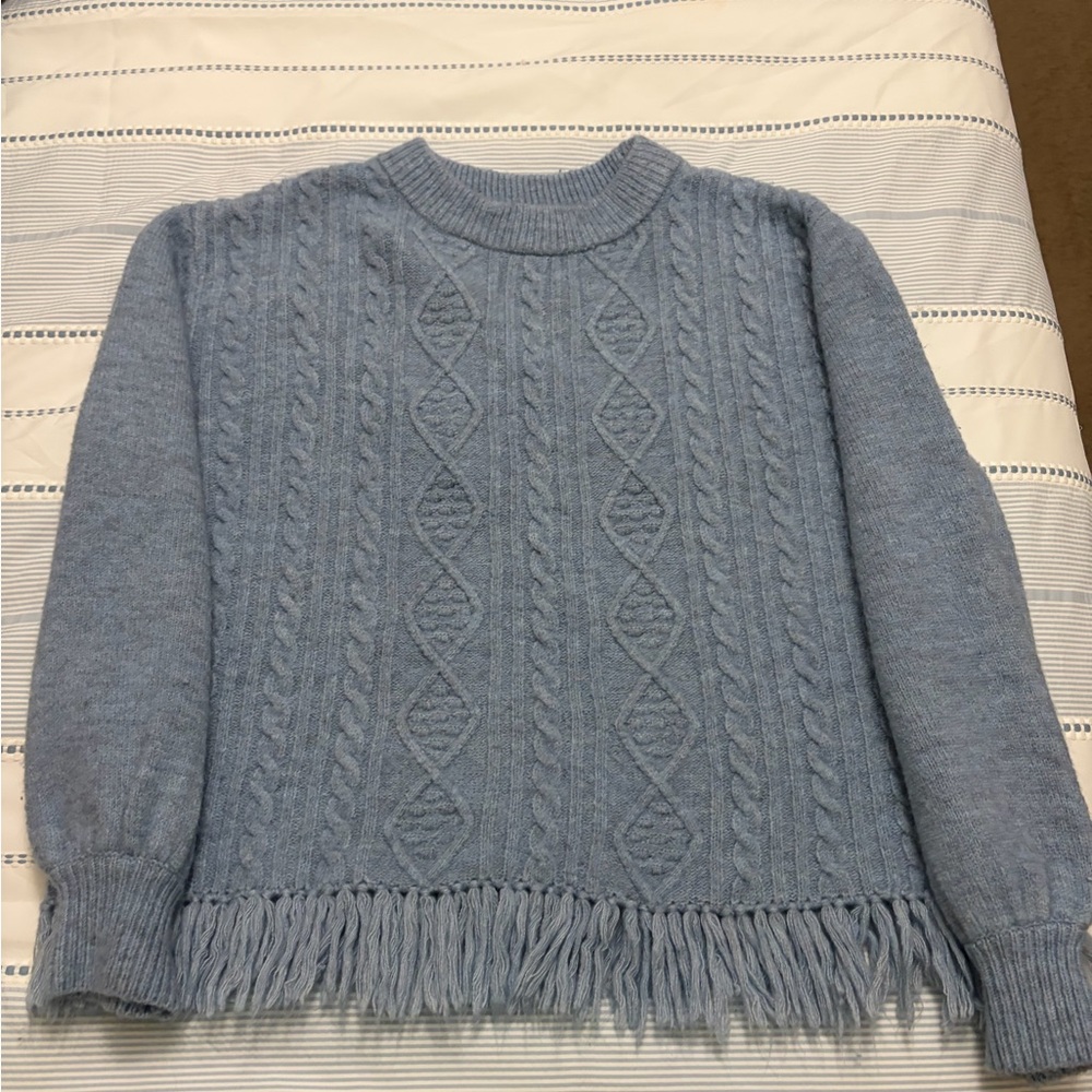 Elegant Blue Cable Knit Sweater with Fringe